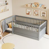 Łóżka dla dzieci i młodzieży - Łóżko dziecięce 90 x 200 z barierką i drzwiczkami - Bez stelaża - Sklejka + MDF + drewno sosnowe - Szare (Materac nie jest wliczony w cenę) - miniaturka - grafika 1