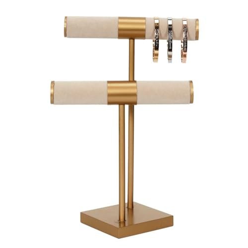 HOME DECO FACTORY, HD2287, Podwójny stojak na biżuterię beżowy ze złotą stopką, elegancki schowek na naszyjniki, bransoletki i kolczyki, nowoczesny design, wymiary 295 x 21 x 14 cm, kolor beżowy