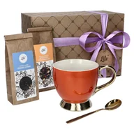 Filiżanki - Filiżanka porcelanowa z łyżeczką i herbatą Owoce Leśne + Soczysta Pomarańcza odcienie pomarańczowego Lile Paeonia LI-086G - miniaturka - grafika 1