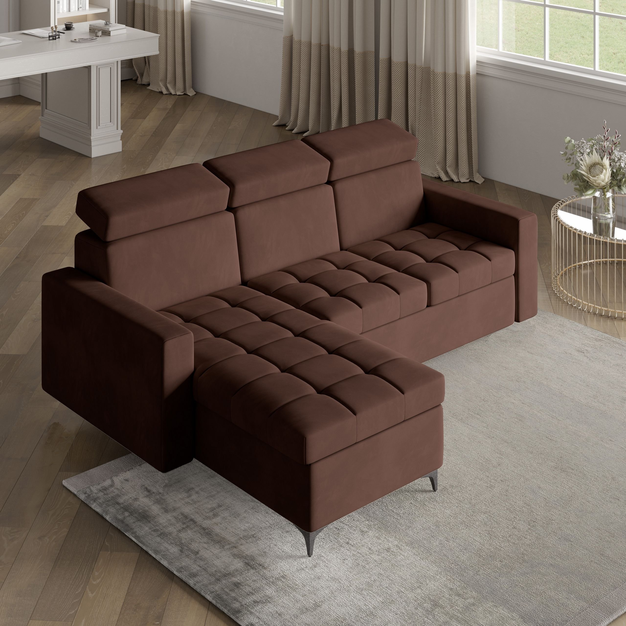 Masseno Narożnik KAME z funkcją spania i pojemnikiem na pościel Kształt L, Rozkładana sofa, Rogówka - Brązowy, KRONOS 06