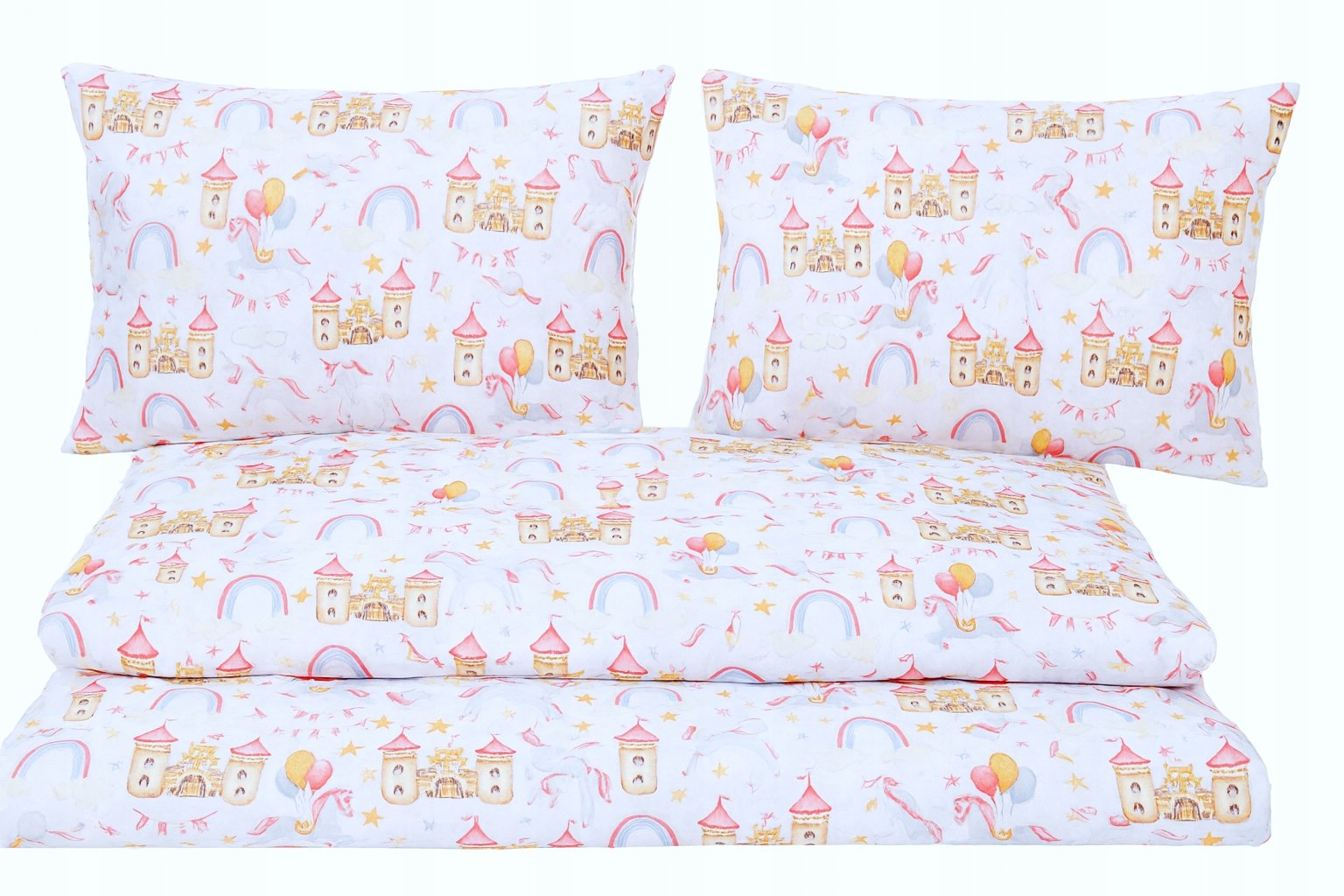 Pościel różowa biała zamek konik tęcza balony bawełniana 160x200
