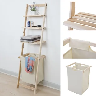 Półka drabinkowa HWC-B59, półka Kosz na pranie Kosz na pranie Półka drewniana Półka łazienkowa Półka schodkowa, jodła 152x41x35cm 39l - Kosze na bieliznę - miniaturka - grafika 1