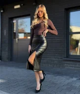 Spódnice - Spódnica Ekoskóra MIDI Rozcięcie Wysoki Stan Ołówkowa Elegancka Czerń L - miniaturka - grafika 1