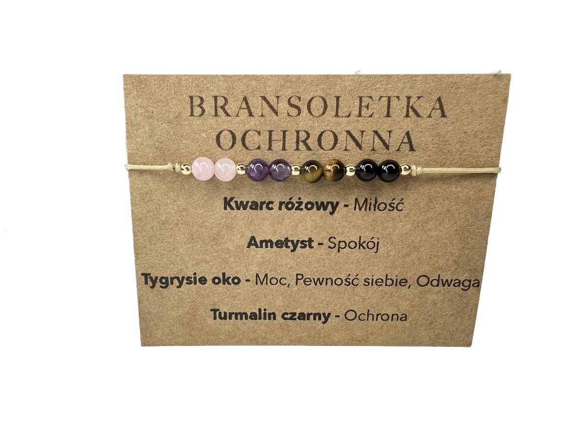 Bransoletka OCHRONNA na sznurku Kwarc Różowy Ametyst Tygrysie Oko Czarny Turmalin