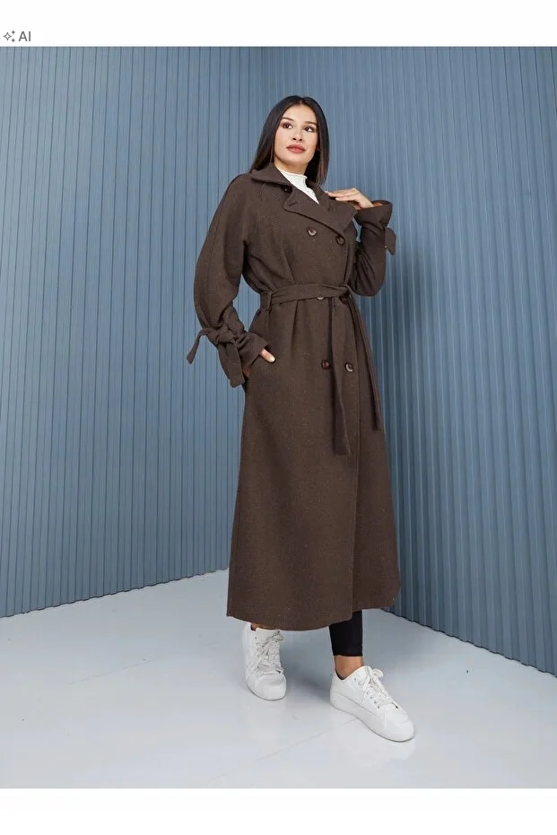 DŁUGI BRĄZOWY PŁASZCZ Z WIĄZANYMI RĘKAWAMI ELEGANCKI 38 5IA