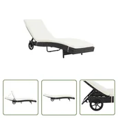 Leżaki ogrodowe - The Living Store Leżak z poduszką i kółkami - polirattan - czarny - Leżak - miniaturka - grafika 1
