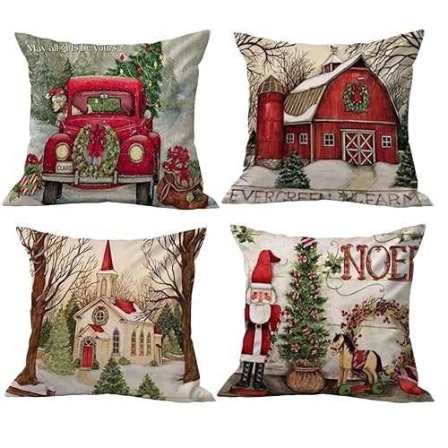Poszewki na poduszki bożonarodzeniowe lniane 45x45 cm zestaw 4