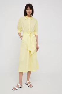 Sukienki - Marc O'Polo sukienka bawełniana kolor żółty midi rozkloszowana - grafika 1