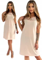 Sukienki - PUDROWA ELEGANCKA SUKIENKA Z KORONKĄ NA DEKOLCIE ROZMIAR 38 - miniaturka - grafika 1