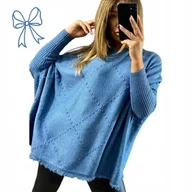 Bluzki damskie - SWETER WISKOZA ponczo jak jedwab luźna tunika frędzle piękny 58 60 9xl - miniaturka - grafika 1