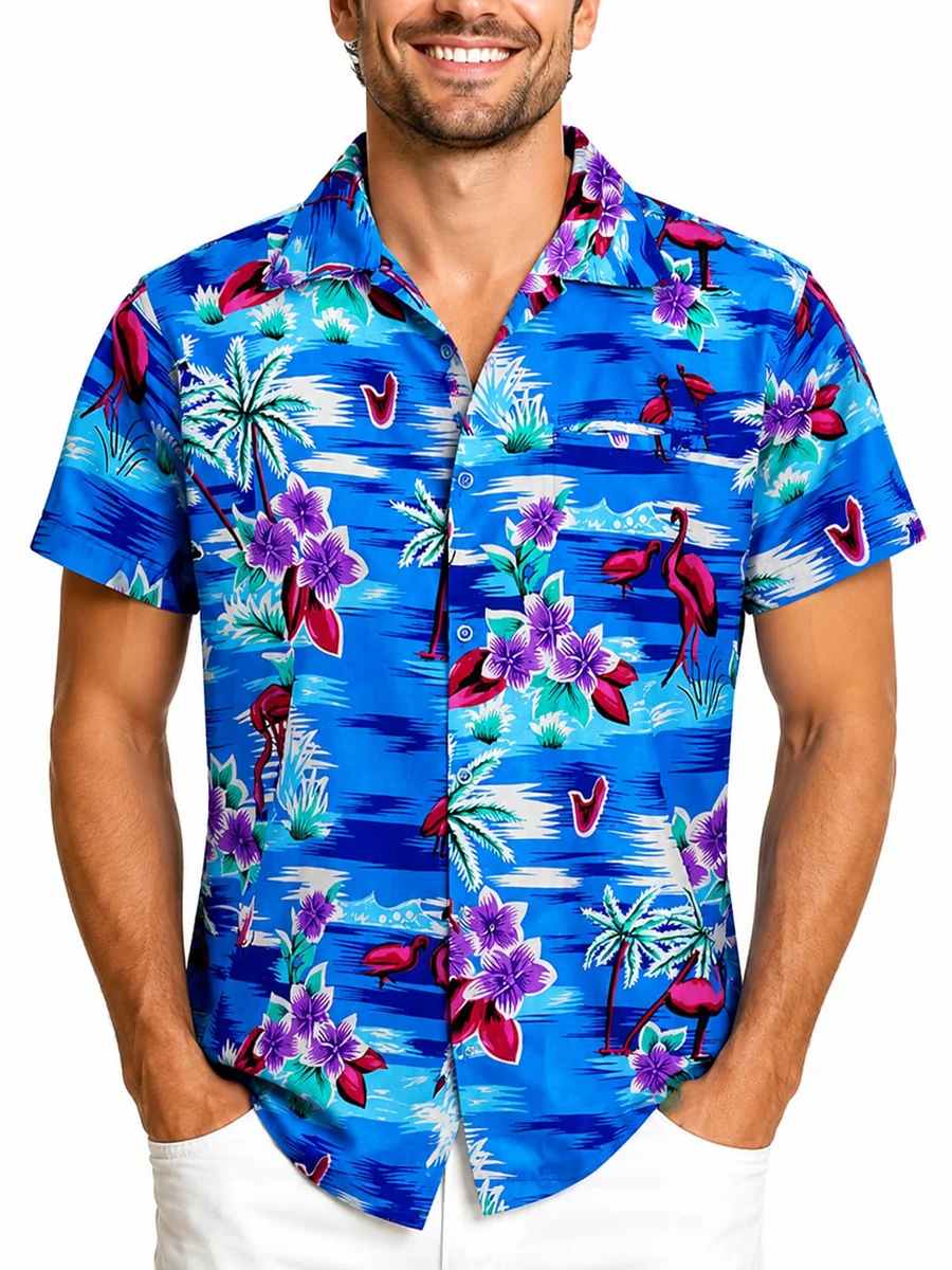 King Kameha Funky Hawaii koszula męska - przewiewna koszula hawajska męska z krótkim rękawem z kieszenią na piersi i tropikalnym nadrukiem flaminga,..