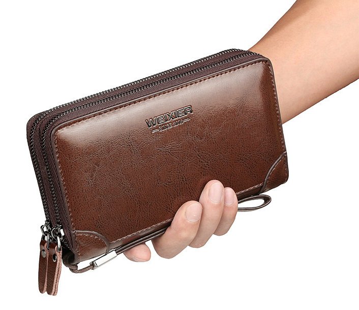 SASZETKA SKÓRZANA MĘSKA DO RĘKI PORTFEL 2 KOMORY BRĄZ CZARNY