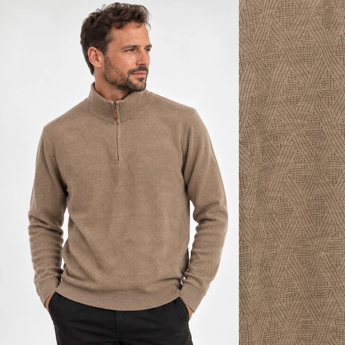Sweter Męski Bawełniany Z Półzamkiem Stójką Elegancki Klasyczny Beżowy M