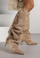 Kozaki damskie - Ciemnobeżowe Marszczone Kozaki z Imitacji Zamszu na Niskiej Szpilce z Frędzlami Linonra - miniaturka - grafika 1
