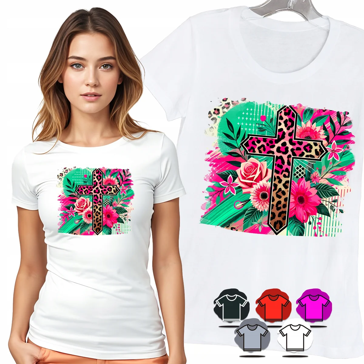 KOSZULKA DAMSKA T-SHIRT - KOLOROWY KRZYŻ KWIATY WIARA MOTYW WZÓR MOC - M