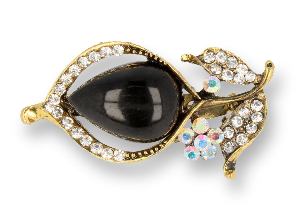 BROSZKA damska czarny kwiat z złotymi listkami