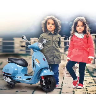 Jamara 460347  Ride-on Vespa niebieska 12 V  wydajny silnik napędowy i akumulator do długiej jazdy, gniazdo na karty SD, złącze Aux i USB, gumowy pierścień ultra-grip na kole, kółka podporowe, reflekt - Pojazdy elektryczne dla dzieci - miniaturka - grafika 1