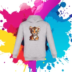 Bluza dziecięca typu kangurka z kapturem w kolorze jasnoszarym z nadrukiem tygrysek 8 lat - Bluzy dla dziewczynek - miniaturka - grafika 1