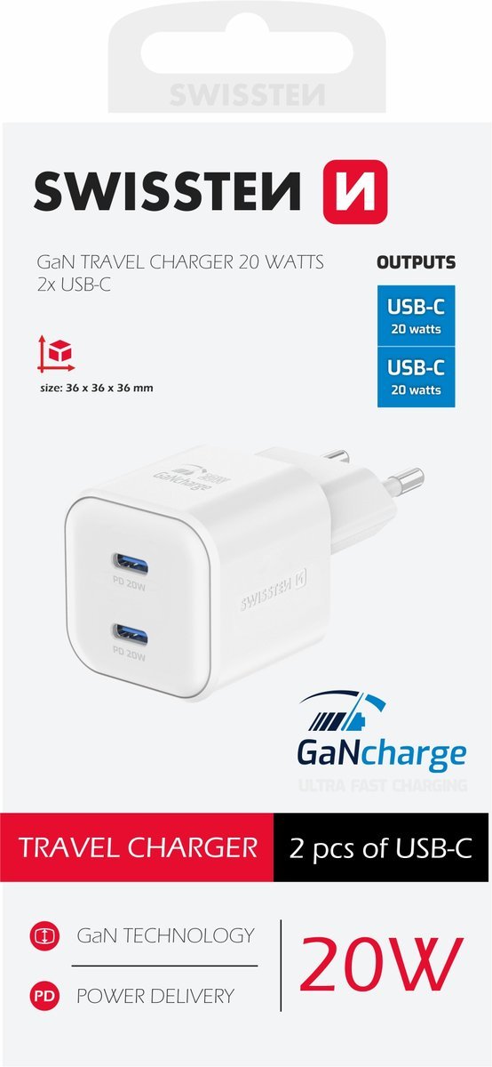 SWISSTEN Ładowarka Sieciowa Adapter GaN 2x USB-C 20W PD biała