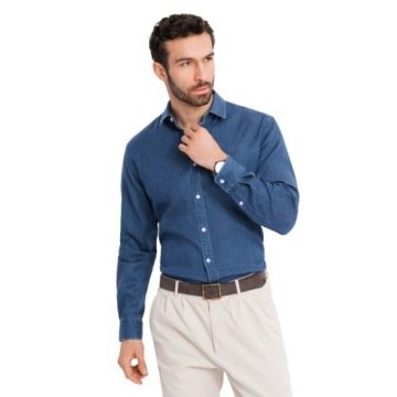 Męska jeansowa koszula z lyocellem ciemnoniebieska OM-SHDS-0180 V1 roz. XL