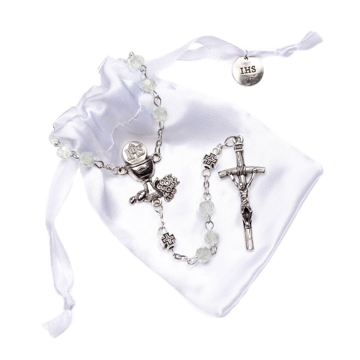 Pamiątka - Różaniec - Pierwsza Komunia Święta - 6 mm - transparentne szkło - zapinanie - woreczek satynowy