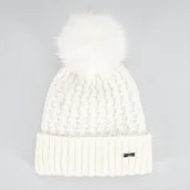 Czapki damskie - Damska czapka o splocie w drobny wzór z pomponem kremowa - miniaturka - grafika 1