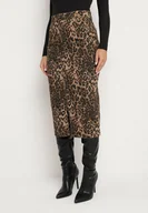 Spódnice - Brązowa Panterkowa Spódnica z Bawełny z Wysokim Stanem Ozdobiona Rozcięciem na Nogę Haritana - miniaturka - grafika 1