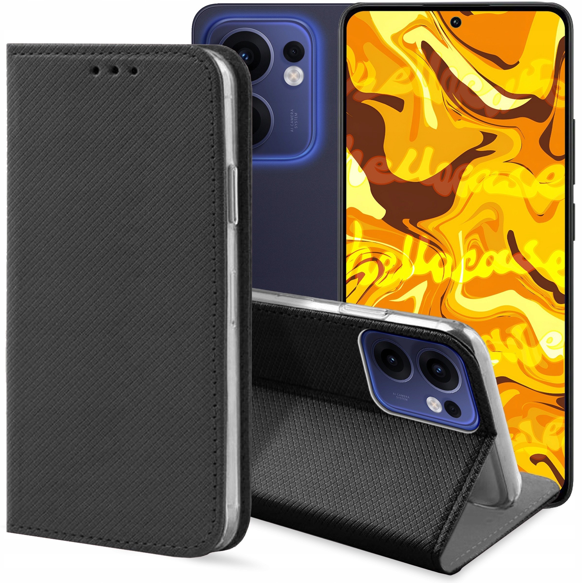ETUI Z KLAPKĄ DO OPPO RENO13 5G CZARNE ZAMYKANE MAGNETYCZNE KABURA OCHRONNE