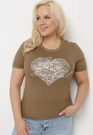 Koszulki i topy damskie - Ciemnozielony T-shirt Bawełniany z Krótkim Rękawem i Metalicznym Nadrukiem oraz Cyrkoniami Sanesti - miniaturka - grafika 1