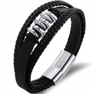 Bransolety męskie - BRANSOLETKA MĘSKA SKÓRZANA SREBRNA POTRÓJNA MOCNA DLA TATY STAL - miniaturka - grafika 1