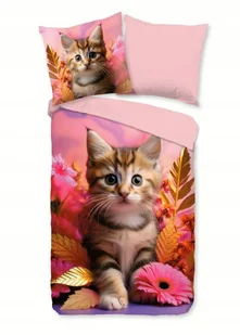 Pościel dla dziecka różowa Kot kotek bawełniana 135x200 140x200 - Pościel dla dzieci - miniaturka - grafika 1