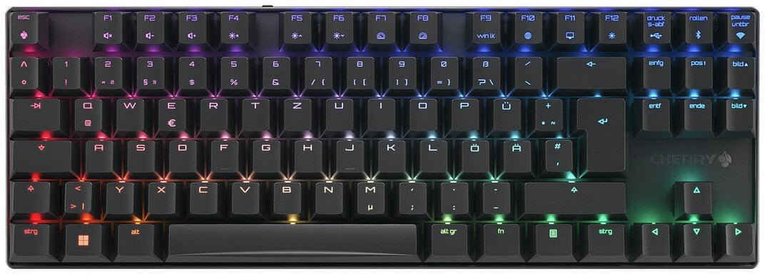 CHERRY XTRFY MX 8.2 - Tastatur - 80% - TKL - Hintergrundbeleuchtung - kabellos - Bluetooth 5.2, 2.4 GHz, USB-C - QWERTZ - Deutsch - Tastenschalter: CHERRY MX2A Brown - Schwarz G80-3882LIADE-2