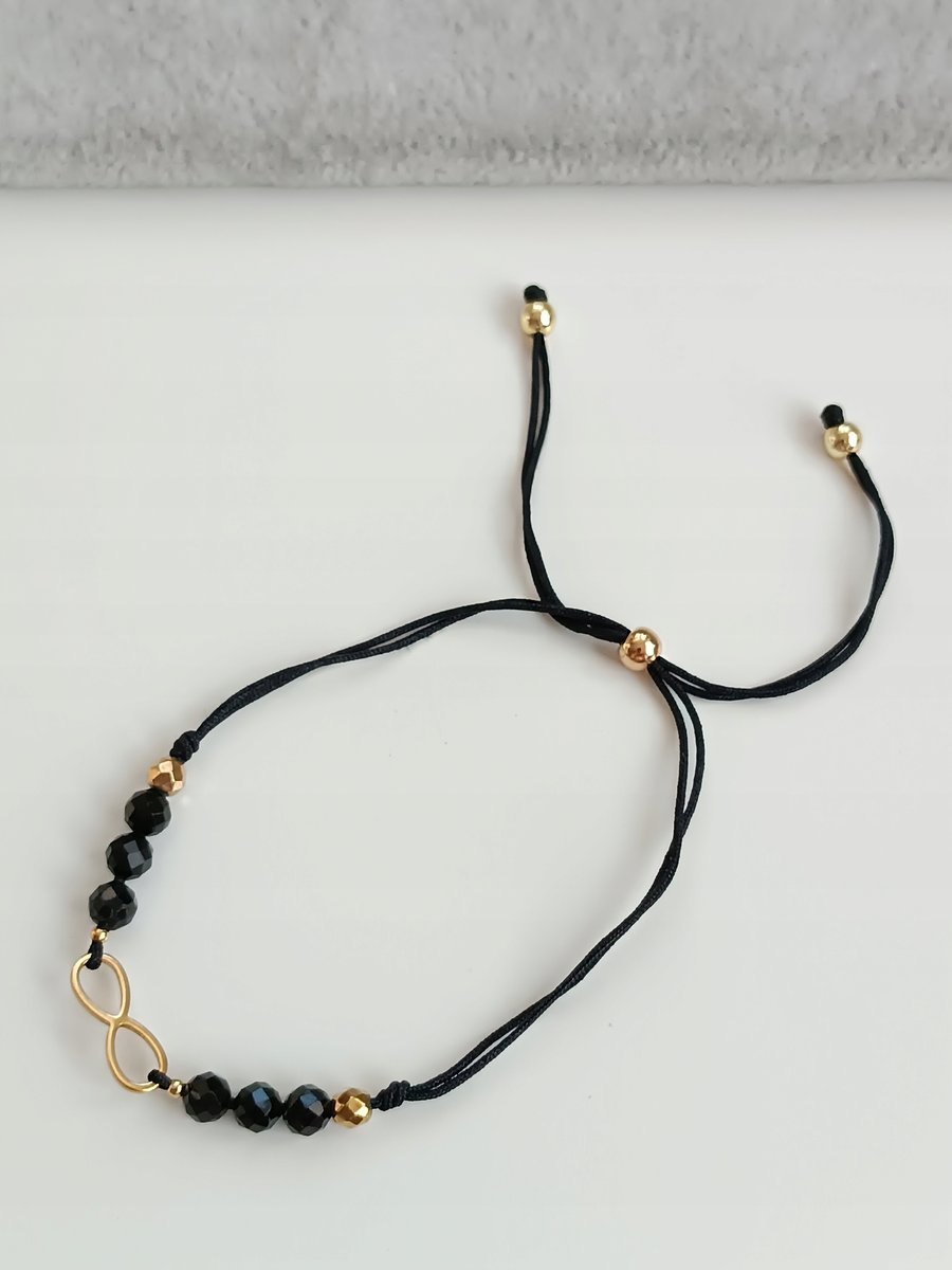 CZARNO ZŁOTA BRANSOLETKA NIESKOŃCZONOŚĆ REGULOWANA CZARNY TURMALIN STAL