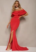 Sukienki - Czerwona Sukienka Wieczorowa o Fasonie Hiszpanki z Rozcięciami i Rozkloszowanym Dołem Ulcini - miniaturka - grafika 1