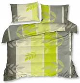 Pościel - Pościel bawełniana paski liście listki szaro seledynowa 140x200 70x80 - miniaturka - grafika 1