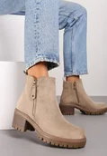 Botki damskie - Beżowe Botki Sztyblety na Słupku Wykończone Ozdobnym Suwakiem Terillda - miniaturka - grafika 1
