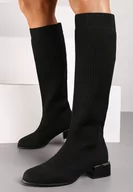 Kozaki damskie - Czarne Kozaki na Słupku w Stylu Muszkieterek z Dopasowaną Cholewką i Metalicznym Elementem Leriha - miniaturka - grafika 1