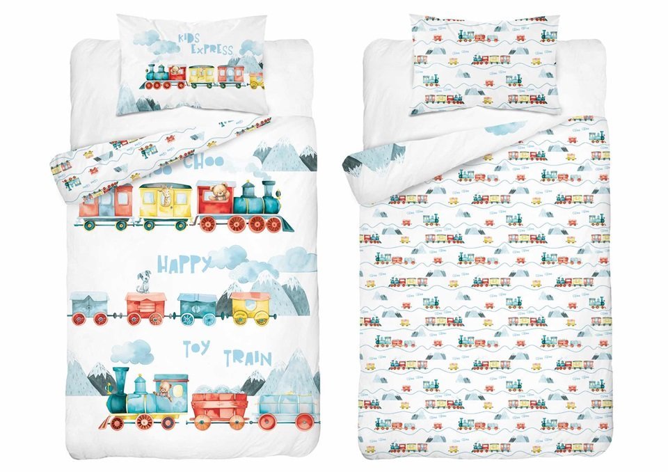 Pościel bawełniana do łóżeczka 100x135 5507b pociągi