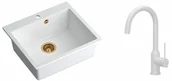 Zlewozmywaki z baterią - Quadron Zlewozmywak granitowy jednokomorowy 57*50*22 cm MORGAN 110 SNOW WHITE z miedzianym odpływem z baterią INGRID Q LINE SNOW WHITE kolor biały mat - miniaturka - grafika 1