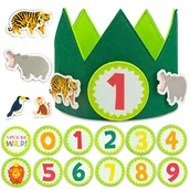 Zabawy w naśladowanie dorosłych - Korona Urodzinowa Dżungla z wymiennymi cyframi od 0 do 9 i figurkami tematycznymi - BONNYCO | Pierwsze urodziny prezenty dla chłopców dziewcząt, dekoracje na imprezę, korona na pierwsze urodziny - miniaturka - grafika 1