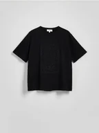 Koszulki i topy damskie - Reserved - Bawełniany t-shirt ze zdobieniem - czarny - miniaturka - grafika 1