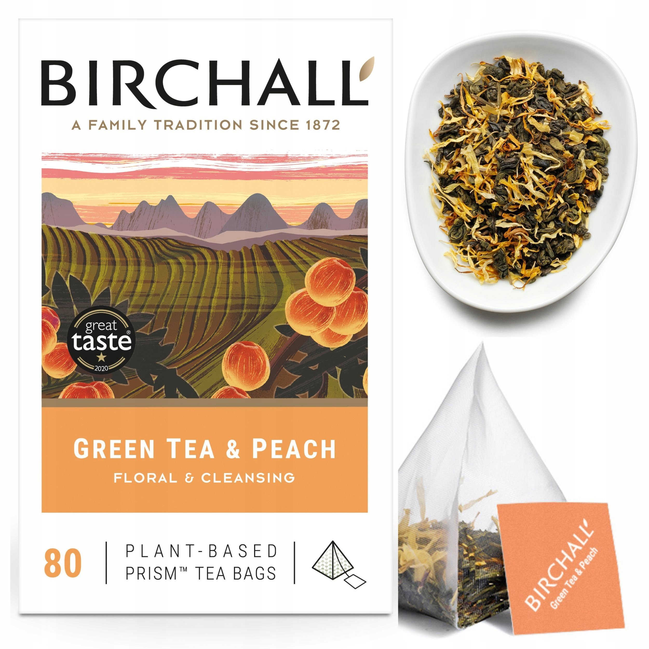 Angielska Herbata Birchall zielona z Brzoskwinią 80szt 200g piramidki