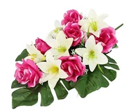 Sztuczne kwiaty - Ozdoba nagrobna ze sztucznymi różami i liliami, dekoracja nagrobna, dekoracja na cmentarz, dekoracja żałobna, dekoracja kwiatowa, dekoracja stołu, jedwabne kwiaty - miniaturka - grafika 1