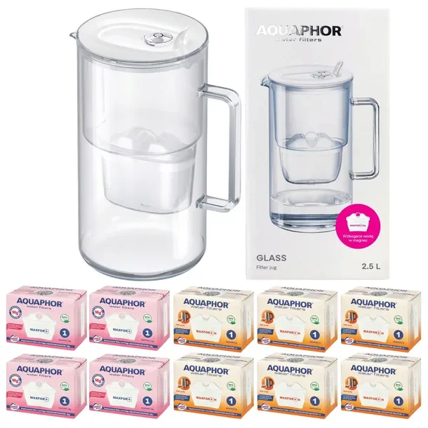 Dzbanek filtrujący szklany Aquaphor Glass biały +10 filtrów Maxfor (4Mg+6H)