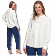 Koszule damskie - Biała Koszula Damska Lniana Rozpinana z Długim Rękawem Gładka MORAJ L - miniaturka - grafika 1