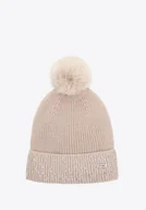 Czapki damskie - Czapka damska zimowa z cyrkoniami beżowa - miniaturka - grafika 1