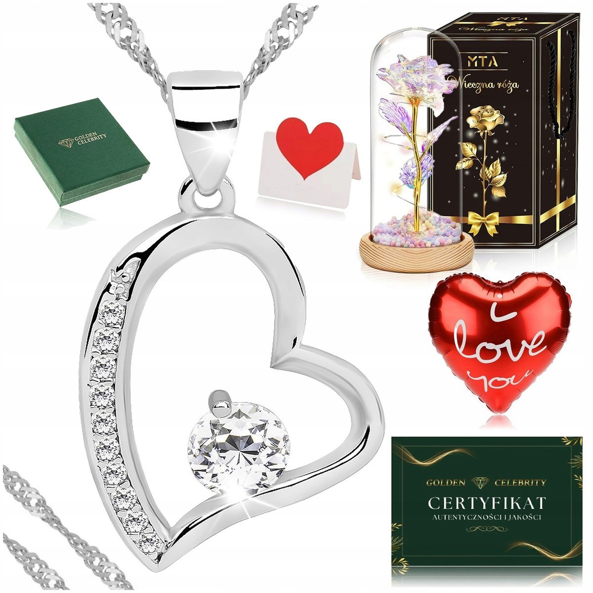 SREBRNY NASZYJNIK SERCE SREBRO 925+RÓŻA WIECZNA LED NA 18 20 30 40 URODZINY