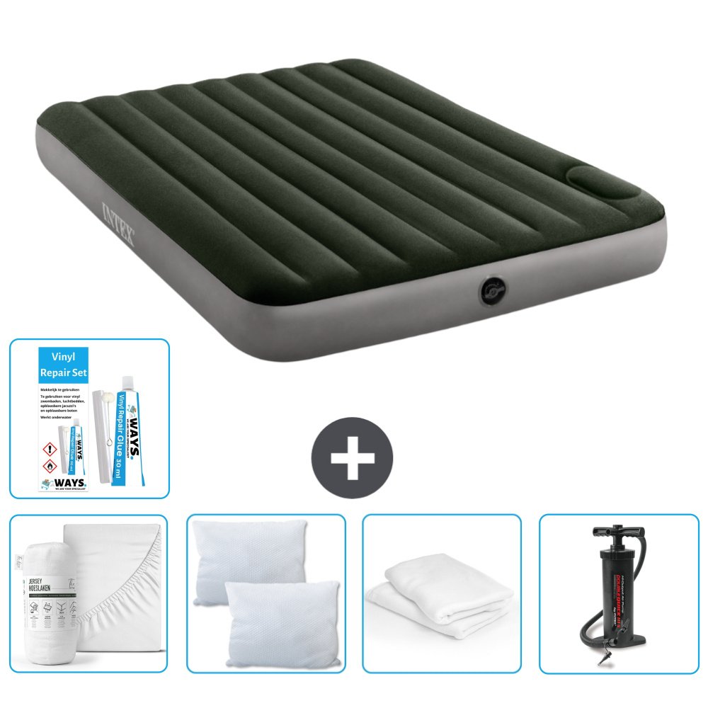 Dmuchane łóżko Intex - 2 osoby - 152 x 203 x 25 cm - zielone - prześcieradło - pompka - zestaw naprawczy en ochraniacz na poduszkę