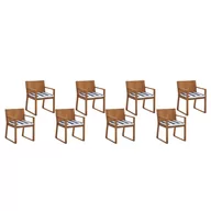 Fotele i krzesła ogrodowe - Beliani Zestaw 8 krzeseł ogrodowych drewnianych z poduszkami niebiesko-białymi - miniaturka - grafika 1