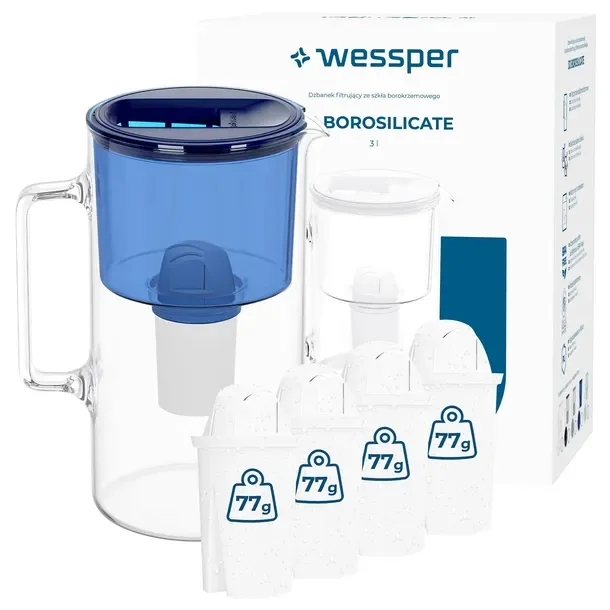 Dzbanek filtrujący szklany Wessper D2 Borosilicate 3l + 5x filtr wody